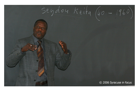 (Feb. 17) Filmmaker and educator Manthia Diawara speaks during a seminar about African photography and African film at Syracuse University today. Diawara was born in Mali. He credit's photographer Seydou Keita as a major influence on photographers and filmmakers in West Africa.