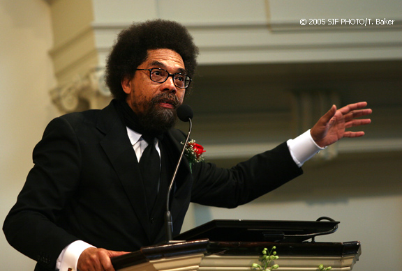 (SYRACUSE)--Apr 23--Scholar Cornel West speaks to an audience at Syracuse University's Hendricks Chapel today. His keynote address celebrated The African American Male Congress (AAMC) at SU and their eighth annual Talented Tenth Leadership Institute. West told members and the crowd present to confirm their blackness in a larger context that also affirms their humanity. "What can a blues nation learn from a blues people," he asked, as a reminder that America could learn a lot from the perseverance by African Americans through the political, social and economic struggles.