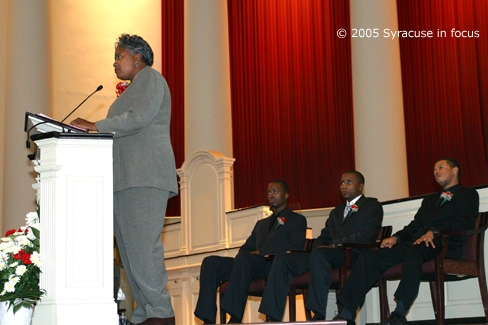 (SYRACUSE)--Feb 14--Veteran political strategist Donna Brazile told an audience at Syracuse University's Hendricks Chapel that the masses are restless and disenchanted with present leadership. She was the first female keynote speaker for SU's African American Male Congress convocation ceremony, which was held yesterday. Brazile praised the group for nurturing new leaders and said "leaders have to be willing to stand, even if they have to stand alone."  A few of the Congress members are shown here. Brazile is a professor at Georgetown University and in 2000 was campaign manager for the Gore-Lieberman ticket.