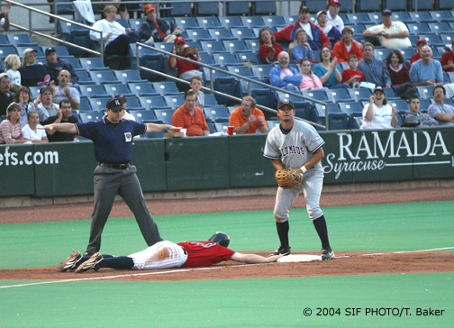 (pictured) Sky Chief Gabe Gross slides back to third base during a rally at Tuesday night's game against Columbus. The rally stalled and the Chiefs eventually lost 8-3.