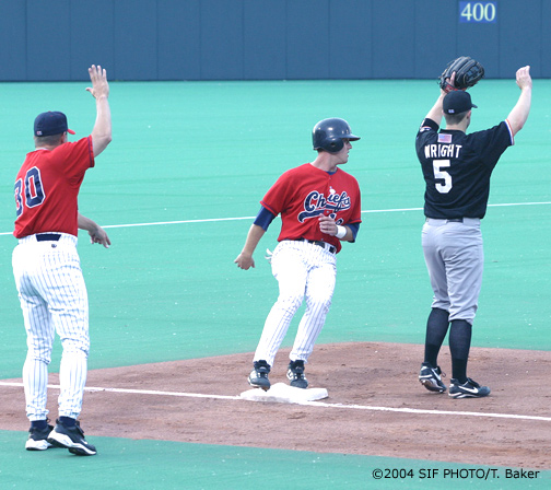 (Pictured) Sky Chief Glenn Williams reaches third base standing after a sacrifice fly to right field during Friday's game. Williams ended up stranded and the Chiefs lost the final game of the series the Norfolk Tides 3-1.