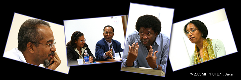 Sept 23--Outside looking In: Syracuse University held a day-long colloquium featuring US and Canadian-based scholars to discuss the literature of Haiti. Participants included (pictured from left to right) Silvio Torres-Saillant, Rachelle Charlier Doucet, Maximilien Laroche, Dany Laferrire and Myriam Chancy. Laferrire and Chancy read from their works, which led to a spirited discussion about authenticity as it relates to exiles writing about Haiti, and the subject of sex as a symbol for liberation.