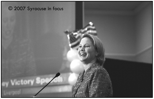 Nov. 7--Making History--Joanie Mahoney gives her victory speech at the Liverpool Holiday Inn last night after winning race for Onondaga County Executive.