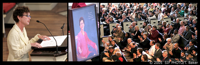 (Syracuse) April 11--Syracuse University Chanellor Nancy Cantor gives an inaugural year keynote adress to the University community. The speech, which was given at Hendricks Chapel, was titled "Scholarship in Action: Building the creative campus." Pictured in the center is a portait of the chancellor painted by artist Gary Trento.