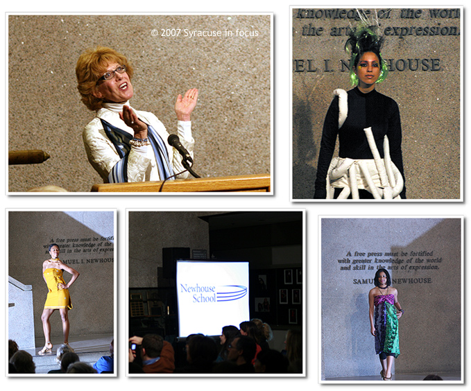 (April 15) Professor Carla Lloyd (top left) and students from Syracuse University's S.I. Newhouse School of Public Communications and College of Visual and Performing Arts (VPA) participated in "Making a Fashion Statement" on Friday in the lobby of Newhouse I. The show served as the kick-off for the Fashion and Beauty Communications Milestone, a new concentration exploring fashion, beauty and communication that will begin in Fall 2007.