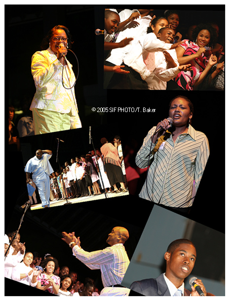 Highest Praise--Aug. 28--The New York State Fair Gospel Choir for a song last night at the Little Caesar's Pavillion under the direction of Pastor J. Alfred Cage and featuring special guest director Jason Barnes (lower left)