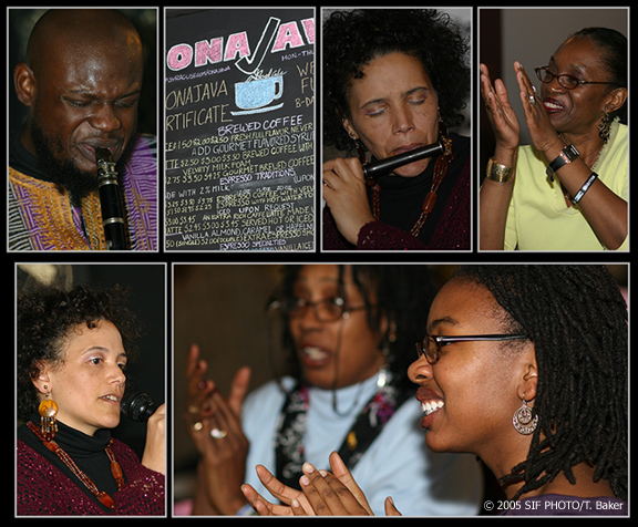 JAZZ FOR A SNOWY EVENING--(Dec. 21.)--Flutist Nicole Mitchell, a former resident of Syracue, and composer David Boykin play smooth jazz during OnaJava's Holiday Party on Wednesday. 