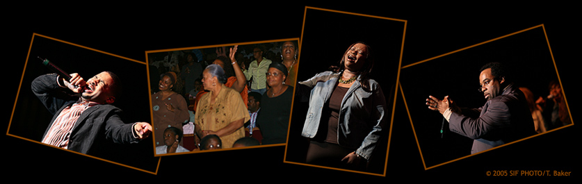 Sept 9--The One Church Tour, featuring Kurt Carr (far right) and Smokie Norful (far left), lifted spirits with praise songs last night at the Civic Center's Crouse Hinds Theater.  This free concert benefited those victimized by Hurricane Katrina. This show was brought to Syracuse by promoter and radio-personality Cora Thomas. One Church Tour will play upcoming dates in Charlotte and Philadelphia.