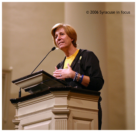 (October 20) Peace Activist Cindy Sheehan spoke last night at Syracuse University's Hendricks Chapel to kick off the Feminism and War Conference being held here in Syracuse. She told a nearly capacity crowd that it's going to take mothers and women, raising their voices in protest to stop the war in Iraq. "We can't totally boycott the oil companies," she said. "But we as mothers can do is stop giving [them] our children."