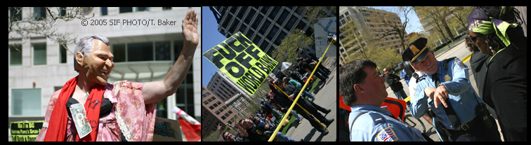 (WASHINGTON,DC) April 16--Calling the confirmation of Paul Wolfowitz as World Bank President a "fitting symbol of imperial power," the DC group Mobilization of Global Justice staged a peaceful protest today outside the World Bank Headquarters.  Speakers and protesters asked for more relief for poor nations. The World Bank and International Monetary Fund (IMF) are holding their spring meetings this weekend.