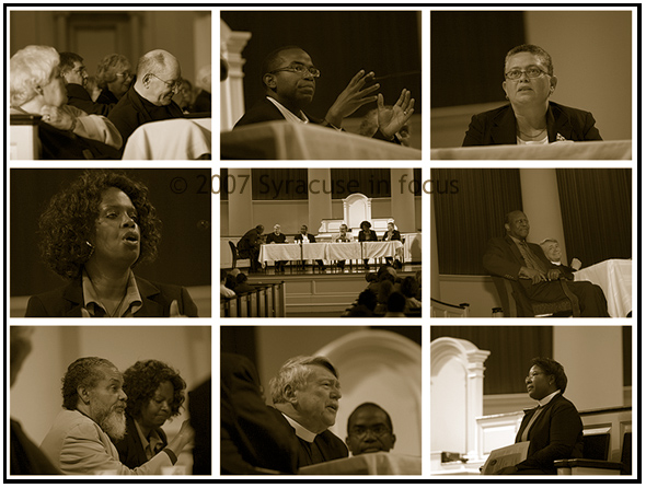 (April 29) Hendricks Chapel was the site of the Walter Welsh Forum on Racial Reconciliation yesterday. Some of the participants included (clock wise from top center) Dr. Michael Battle (Author), Bea Gonzalez (President of Syracuse Common Council), Dr. Charles V. Willie (Sociologist at Harvard), Rev. Jennifer Baskerville-Burrows (Rector, Grace Church), Rev. William Barnwell (National Cathedral), Dr. Byron Rushing (Massachusetts State Representative), and Lyn Headley-Deavours (Justice Missioner for Episcopal Diocese of Newark).  The event is a part of a year-long celebration of the legacy of St. Philip's Church, Syracuse's African-American Episcopal Church and 50 years of racial integration at Grace Church (Episcopal).