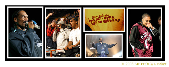 (Syracuse)-May 1--Veteran rap artist Snoop Dogg (far left) shows he still has the skills to pay the bills as he gets the crowd lifted for Syracuse University's Block Party Show at the Carrier Dome.