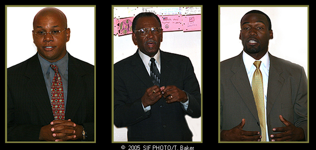 Choices---Primary Day is Tuesday and candidates (from left to right) Steve Coker, Thomas Seals and Khalid Bey presented their strategies during a debate at the Westcott Community Center last week. Coker and Bey are challenging incumbent Seals for the Common Council seat for Syracuse's 4th District. The 4th District includes the mid-town business district as well as part of Syracuse Unviersity and the city's South side.