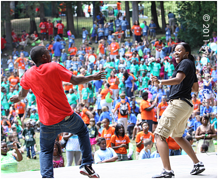 Perfect Combination: Say Yes Counselors Kenzell Cooper and Irene Hudson dance for the crowd.