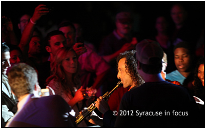 Hold On: Kenny G holds a note as he walks through the crowd at Jazz Fest to kick off his set on Saturday night.