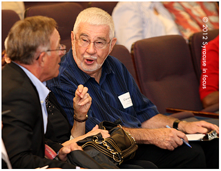 Mercy Works Inc. Director of Development Clarence Jordan (a celebrity judge) talks with Sen. John DeFranciso during the program.