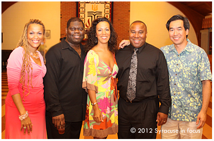 Monica Ellis, Jeff Scott, Mariam Adam, George Kilpatrick and David Yin at a post concert reception in Dobson Hall, First Presbyterian Church, Skaneateles