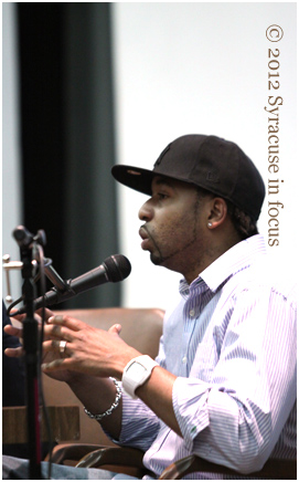 Hasan Stephens, aka DJ Maestro, Hip Hop Scholar and Radio Executive, during a lecture at Syracuse University earlier this year.