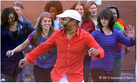 Roberto Perez, founder of La Familia de la Salsa, counducts an impromptu class at the Harvard Dance Stage (Westcott Festival)