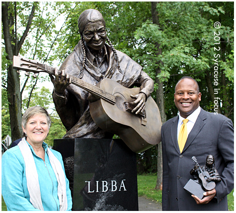 Sculptor Sharon BuMann and former Syracuse Parks Commissioner Otis Jennings at the dedication for the Libba Cotten Monument.