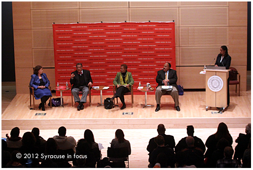 The Past is Not Past: The Continuing Quest for Racial Justice and Peace panel at Newhouse III (l to r: Janis MacDonald, Andrew Young, Linda Carty, Martin Luther King, III, Paula Johnson)