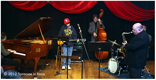 Ryan Fox (guitar) jams with the musicians at Jazz Central on Saturday.