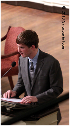 SU Graduate Stephen Barton, outreach assistant for Mayors Against Illegal Guns in NYC and a victim of the Aurora Co. theater shooting, was the keynote speaker for tonight's Gun and America: Joning the Conversation Forum held at Hendrick's Chapel.