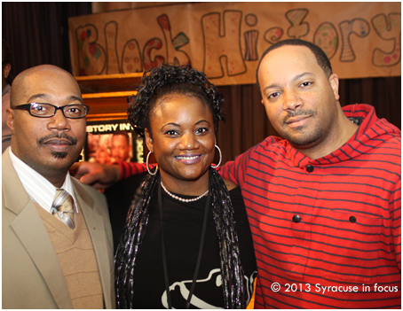 Georgia Businessmen John Walker (left) and Jason Geter came to Syracuse to participate in the Syracuse City School District's Black History Program. They are pictured here with organizer and Syracuse Special Education teacher Karen Blue.