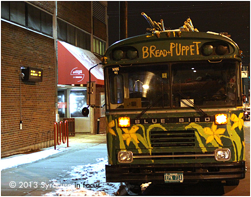 The Bread & Puppet Theater Co (based in Vermont) was in Syracuse this week as part of their tour for the firms 50th Anniversary. The company combines dance with political satire, street theater and puppetry. Here is a photo of their bus parked along the Connective Corridor.