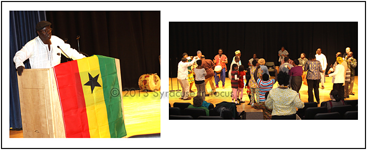 Kwame Otieku (right) speaks during the program to celebrate Ghana's 53rd year independence at SUNY OCC this afternoon. On the right dancers rush to the stage to dance to the music of Bernard Woma Ensemble.