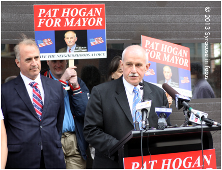 Common Councilor Pat Hogan kicks off his candicy for Mayor of Syracuse, to his right is attorney, Lou Levine, who is running for City Court Judge.