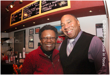 Onondaga County Legislator Linda Ervin visited with George Kilpatrick at the Jamaican Diner this evening to kick-off his 10th Anniversary of New Inspiration for the Nation.