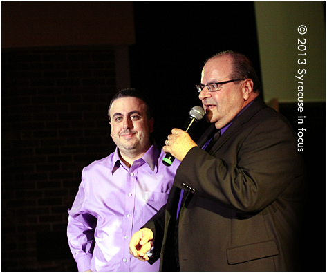 WAER-FM 88's Eric Cohen and Jazz Fest Producer Frank Malfitano welcome Gregory Porter to the stage.