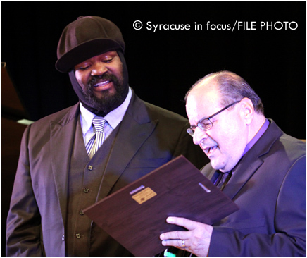 Jazz Fest Producer Frank Malfitano (right) presents an award to Gregory Porter in 2013.