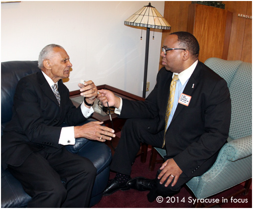 Civil Rights pioneer Rev. C.T. Vivian dialouged with George Kilpatrick at the SU School of Law on Friday afternoon.