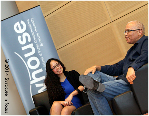 Your Turn: It has been reported that comedy writing veteran Larry Wilmore will replace Stephen Colbert on Comedy Central (when he takes over the Late Show). Wilmore is pictured here with Professor Charisse L'Pree at The Newhouse School of Public Communications earlier this year.