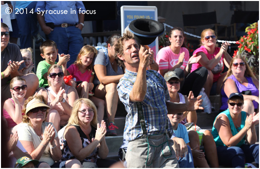 Street performer Michael Hilby celebrates 19 years at the NYS Fair in 2014.