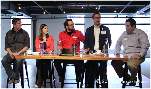 Journalist/Artist Ty Marshal, Bethany Holbrook of the Downtown Committee, Food activist Martin Butts, Chris Fowler of Syracuse First and John DeSantis of Believe in Syracuse discussed the fine line between civic pride and civic engagement at Social Media Breakfast #21 this morning. The meeting was held at the Sky Armory.