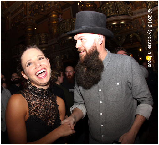 Mike Heagerty gets close to a contestant wearing a beard made by Flemming.