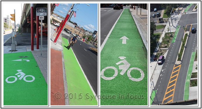 Green methacrylate bike lanes.