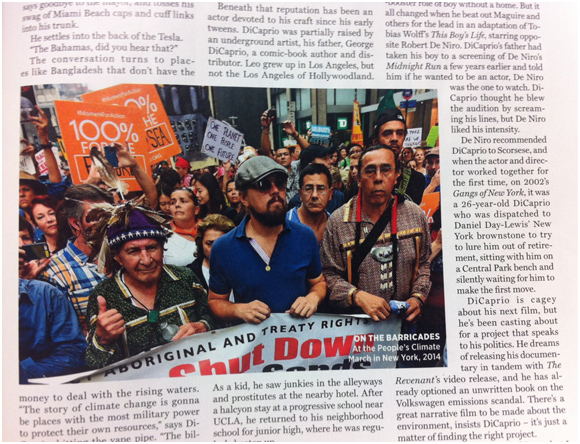 The Chief (Oren Lyons) and Leo (the Wolf of Wall Street) on the protest line (Rolling Stone)