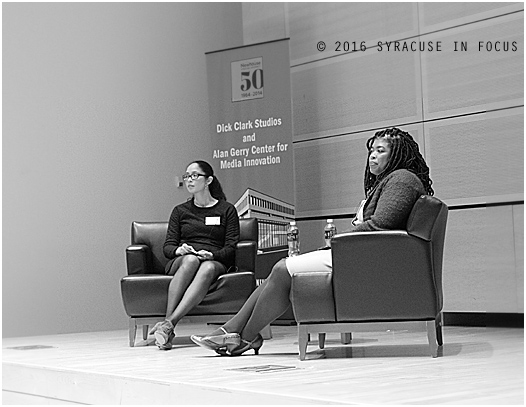 Syracuse University professor Charisse L'Pree (left) was joined Thursday evening for a public conversation by television writer Erika Green. Their informal dialogue was part of the 15th Annual Conversation on Race and Entertainment Media and touched on topics such as the meaning of diversity, the Oscars, changing portrayals of black love, and the creative work happening on the small screen.