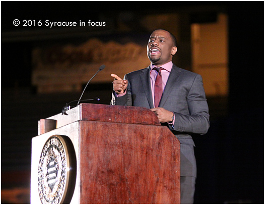 Marc Lamont Hill spoke at the Carrier Dome on Sunday.