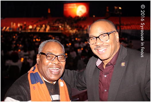 The Doctor and Uncle George: Professor Rick Wright and George Kilpatrick provided live commentary at the Dome for Syracuse University's Dr. Martin Luther King, Jr. Celebration.