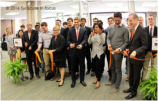 Dignitaries including Chancellor Kent Syverud (far right) attended a launch celebration and ribbon cutting for the Blackstone Launchpad. Blackstone LaunchPad is co-funded by the Blackstone Charitable Foundation and Syracuse University and will provide entrepreneurship support for the University community.