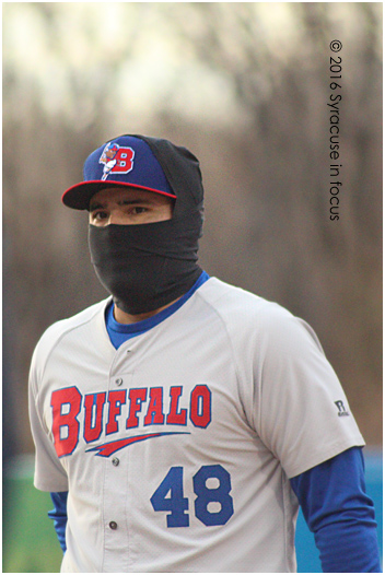 Buffalo infielder Jesus Montero braces for the hawk during the second game of last night's double header at NBT Bank Stadium.