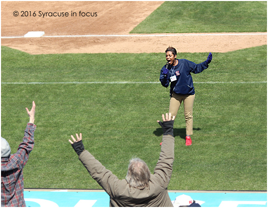 Pringle gives it her all during a promotion in the mid-innings of a day game vs. Buffalo.