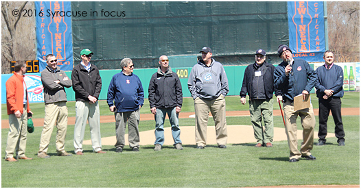 Syracuse Chiefs GM Jason Smorol recognizes members of the Onondaga County Parks team before the April home opener this week (there will be another "opener" in June).