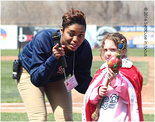 New Chiefs on-air personality Lena Pringle prepares young student Ava to be Queen for a Day at NBT stadium earlier this month.