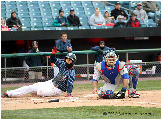 Trea Turner doubled in the bottom of the first inning and slide home safely a few batters later during the second game of yesterday's double header with Buffalo. Syracuse won the second game 4-3.